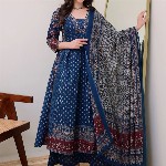 KALINI Floral Printed V Neck Anarkali Kurta With Trousers & Dupatta