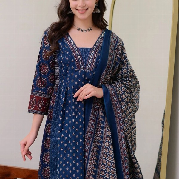 KALINI Floral Printed V Neck Anarkali Kurta With Trousers & Dupatta