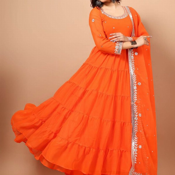 KALINI Floral Embroidered Georgette Anarkali Kurta with Pyjama & With Dupatta