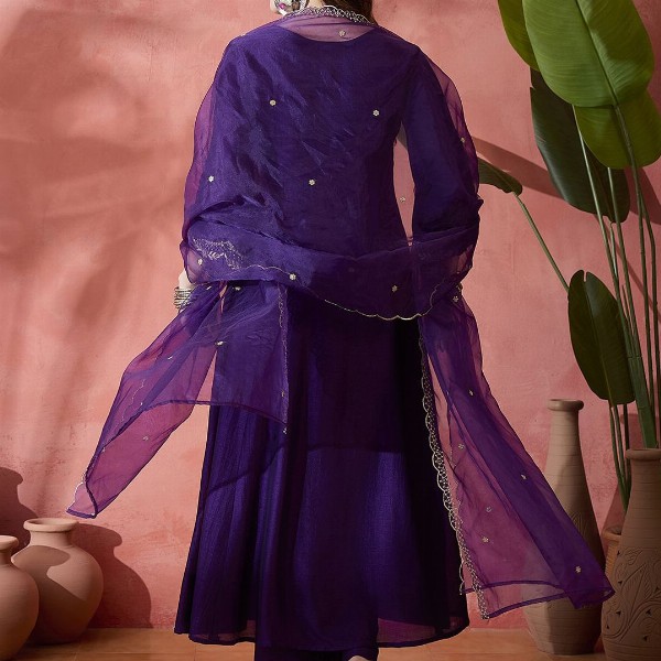 Sangria Floral Embroidered V-Neck A-Line Kurta With Trousers & Dupatta