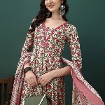 KALINI Floral Printed Pure Cotton Anarkali Kurta With Trousers & Dupatta