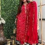 GoSriKi Bandhani Printed Round Neck Straight Kurta With Trousers & Dupatta