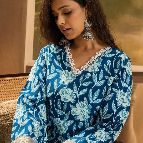 Sangria Floral Printed 100% Cotton Straight Kurta