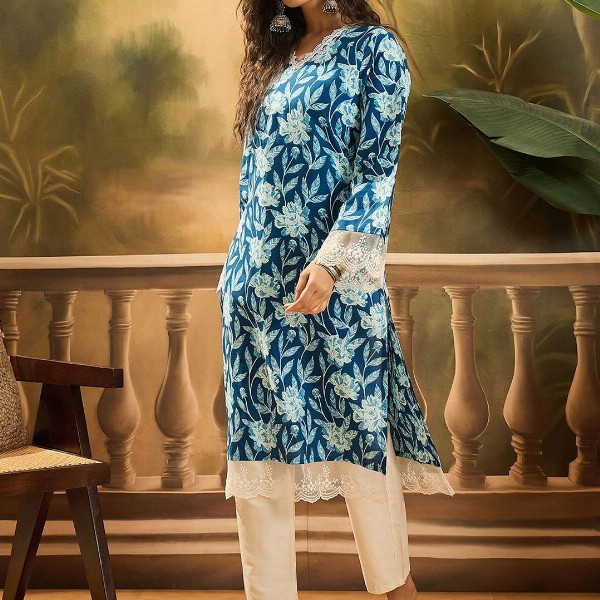 Sangria Floral Printed 100% Cotton Straight Kurta
