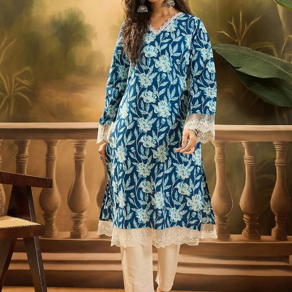 Sangria Floral Printed 100% Cotton Straight Kurta