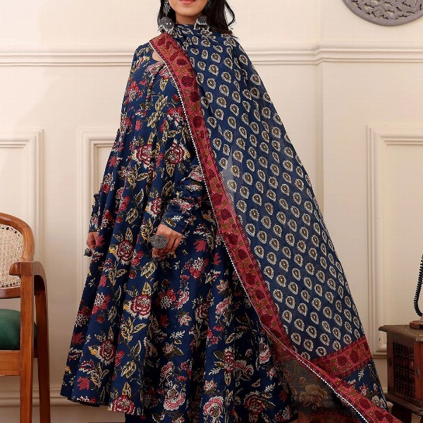 KALINI Floral Printed Anarkali Kurta With Trousers And Dupatta