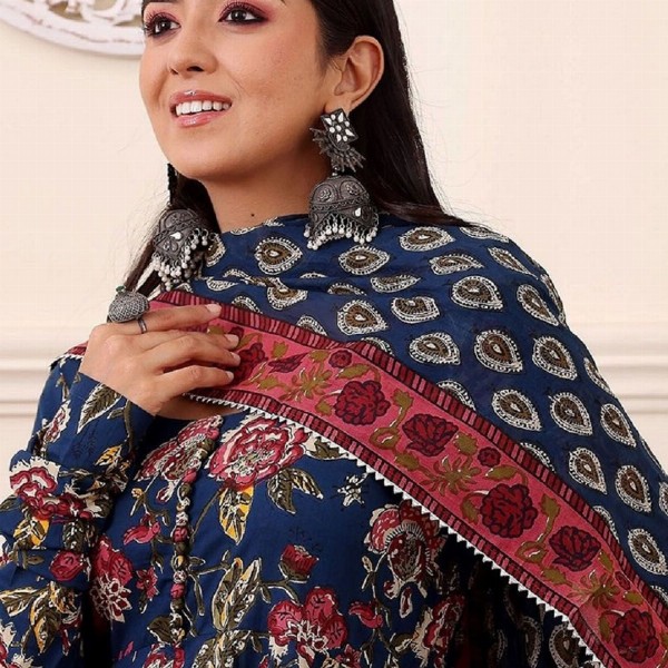 KALINI Floral Printed Anarkali Kurta With Trousers And Dupatta
