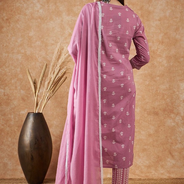 Sangria Floral Printed Pure Cotton Kurta With Trousers & Dupatta