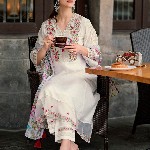 Indo Era Floral Embroidered Thread Work A-Line Kurta With Trousers & Dupatta