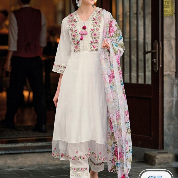 Indo Era Floral Embroidered Thread Work A-Line Kurta With Trousers & Dupatta