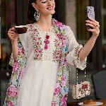 Indo Era Floral Embroidered Thread Work A-Line Kurta With Trousers & Dupatta