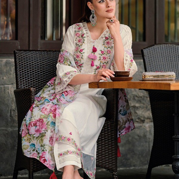 Indo Era Floral Embroidered Thread Work A-Line Kurta With Trousers & Dupatta