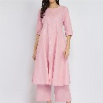 Pink Fort Luxe-Textured Cotton Solid Kurta Set - Pink