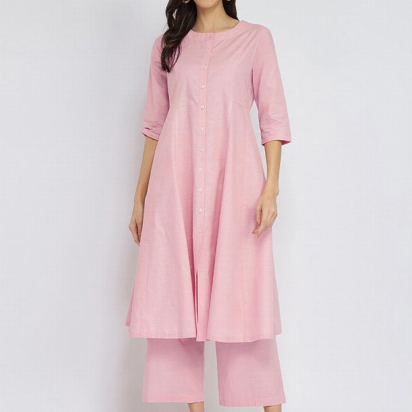 Pink Fort Luxe-Textured Cotton Solid Kurta Set - Pink