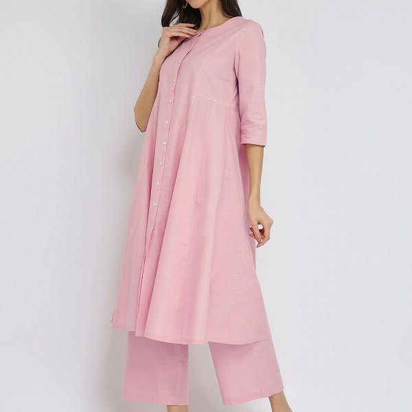 Pink Fort Luxe-Textured Cotton Solid Kurta Set - Pink