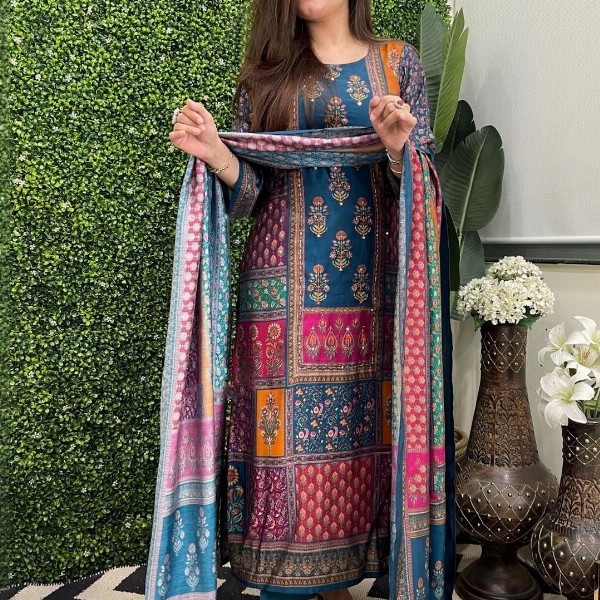 KALINI Women Multi Rayon Blend Printed Straight Kurta Set With Dupatta