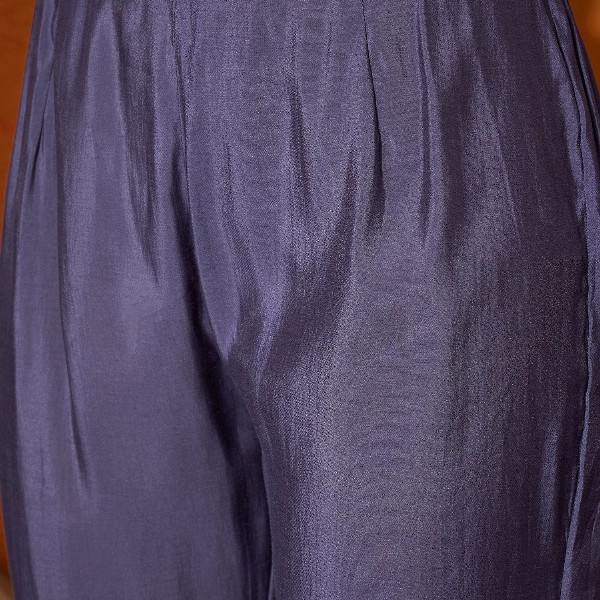 Sangria Blue Geometric Embroidered Round Neck Mirror Work Kaftan With Trousers