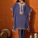 Sangria Blue Geometric Embroidered Round Neck Mirror Work Kaftan With Trousers