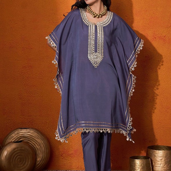 Sangria Blue Geometric Embroidered Round Neck Mirror Work Kaftan With Trousers