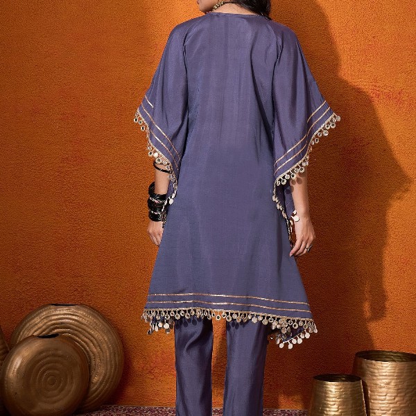 Sangria Blue Geometric Embroidered Round Neck Mirror Work Kaftan With Trousers