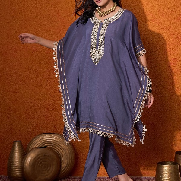 Sangria Blue Geometric Embroidered Round Neck Mirror Work Kaftan With Trousers