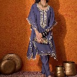 Sangria Blue Geometric Embroidered Round Neck Mirror Work Kaftan With Trousers