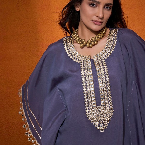 Sangria Blue Geometric Embroidered Round Neck Mirror Work Kaftan With Trousers