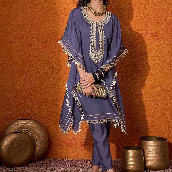 Sangria Blue Geometric Embroidered Round Neck Mirror Work Kaftan With Trousers