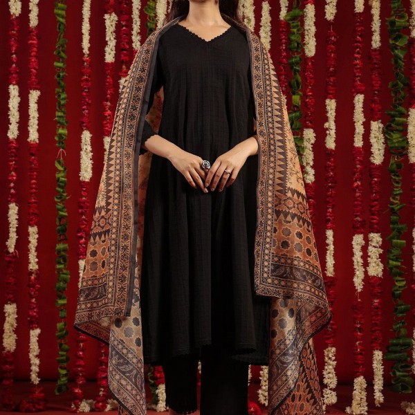 anayna Black & Orange Geometric Woven Design Cotton Anarkali Kurta with Trousers & Dupatta