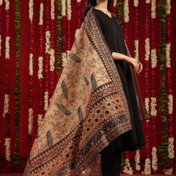 anayna Black & Orange Geometric Woven Design Cotton Anarkali Kurta with Trousers & Dupatta