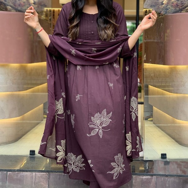 GoSriKi Floral Printed Round Neck Anarkali Kurta With Trousers & Dupatta