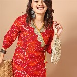 Sangria Red Bandhani Printed Angrakha Sequined Straight Kurta