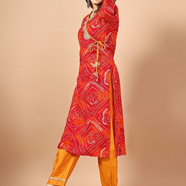 Sangria Red Bandhani Printed Angrakha Sequined Straight Kurta