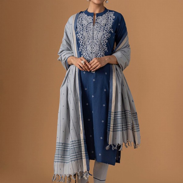 WOMEN PLUS Women Ethnic Motifs Embroidered Regular Thread Work Pure Cotton Kurta with Trousers & With Dupatta