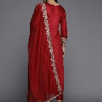 Indo Era Women Red Ethnic Motifs Embroidered Sequinned Liva Kurta with Trousers & Dupatta