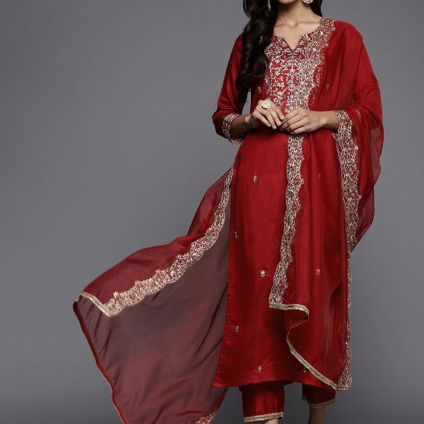 Indo Era Women Red Ethnic Motifs Embroidered Sequinned Liva Kurta with Trousers & Dupatta