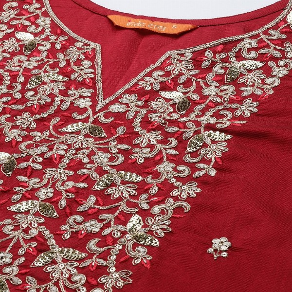Indo Era Women Red Ethnic Motifs Embroidered Sequinned Liva Kurta with Trousers & Dupatta
