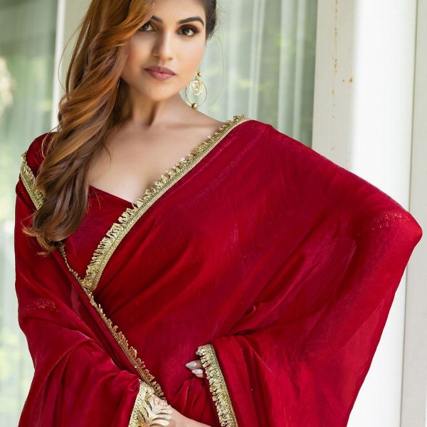 Mitera Satin Embellished Detail Saree with Blouse Piece