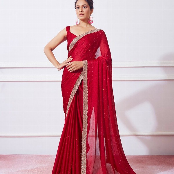 Mitera Red Embellished Beads & Stones Satin Saree