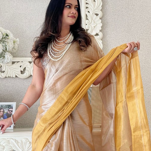 Anouk Colourblocked Printed Tissue Saree