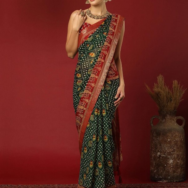 KALINI Bandhani Print Zari Pure Georgette Bandhani Saree