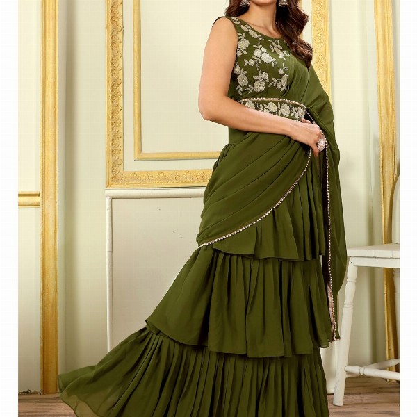 PATLANI STYLE Georgette 3-Layered Embroidered Ready To Wear Saree With Belt