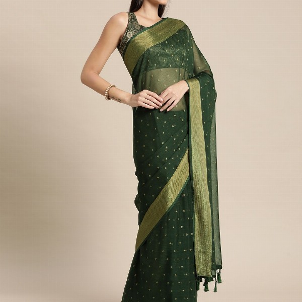 Mitera Green & Gold-Toned Floral Zari Pure Chiffon Saree