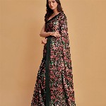 Sangria Charcoal & Pink Floral Printed Satin Saree