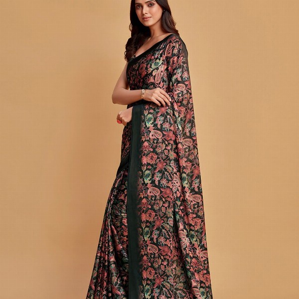 Sangria Charcoal & Pink Floral Printed Satin Saree