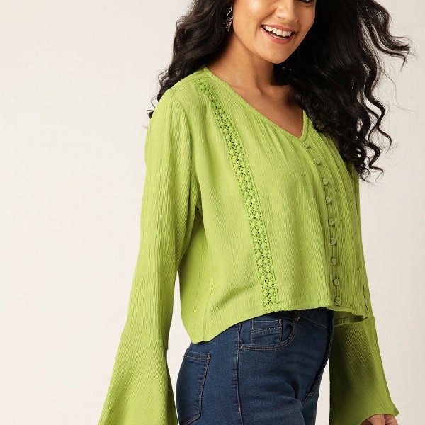 DressBerry Green Crochet Detail Bell Sleeve Regular Top