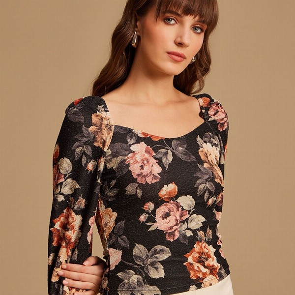 Kazo Women Black & Pink Floral Print Top