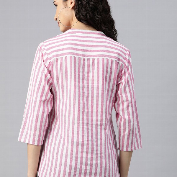 Cottinfab Striped Mandarin Collar Cotton Top
