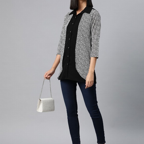 Cottinfab Geometric Print Layered Crepe Shirt Style Longline Top