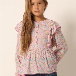 Vero Moda Girls Floral Printed Cuffed Sleeves Gathered Cotton Peplum Top